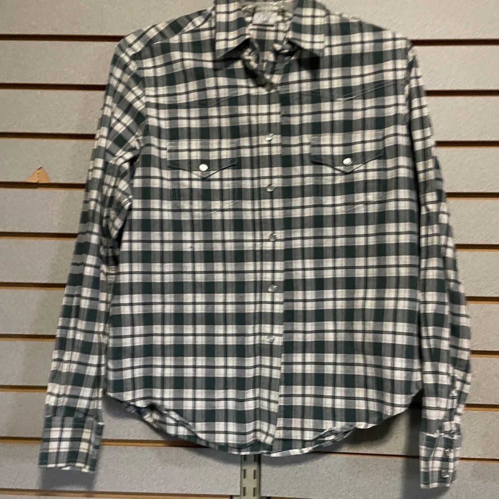 VTG Rockies Plaid Snap Button Western Shirt Long Sleeve‎ Green White Tan Size M